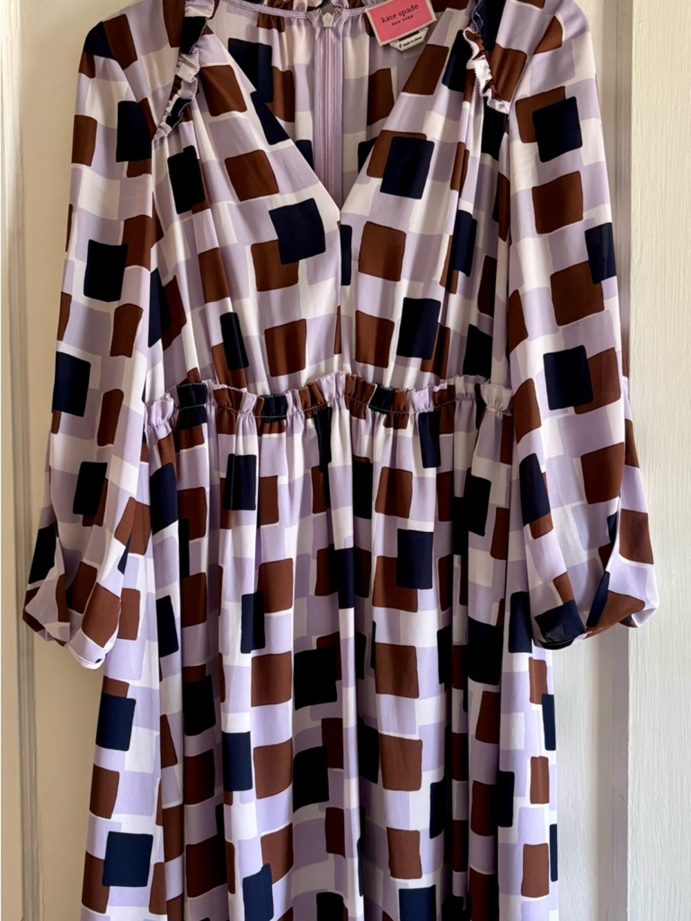 kate spade Lilac Geometric Long Sleeve Dress with Navy & Brown Accents